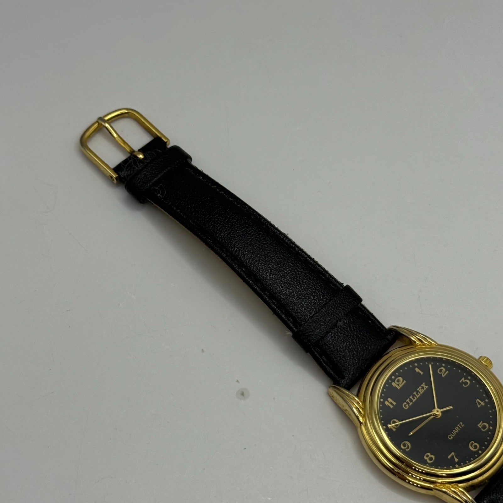 33mm Working Gillex Gold Plated Ladies Black Dial Strap Quartz Watch 6.5 Inches