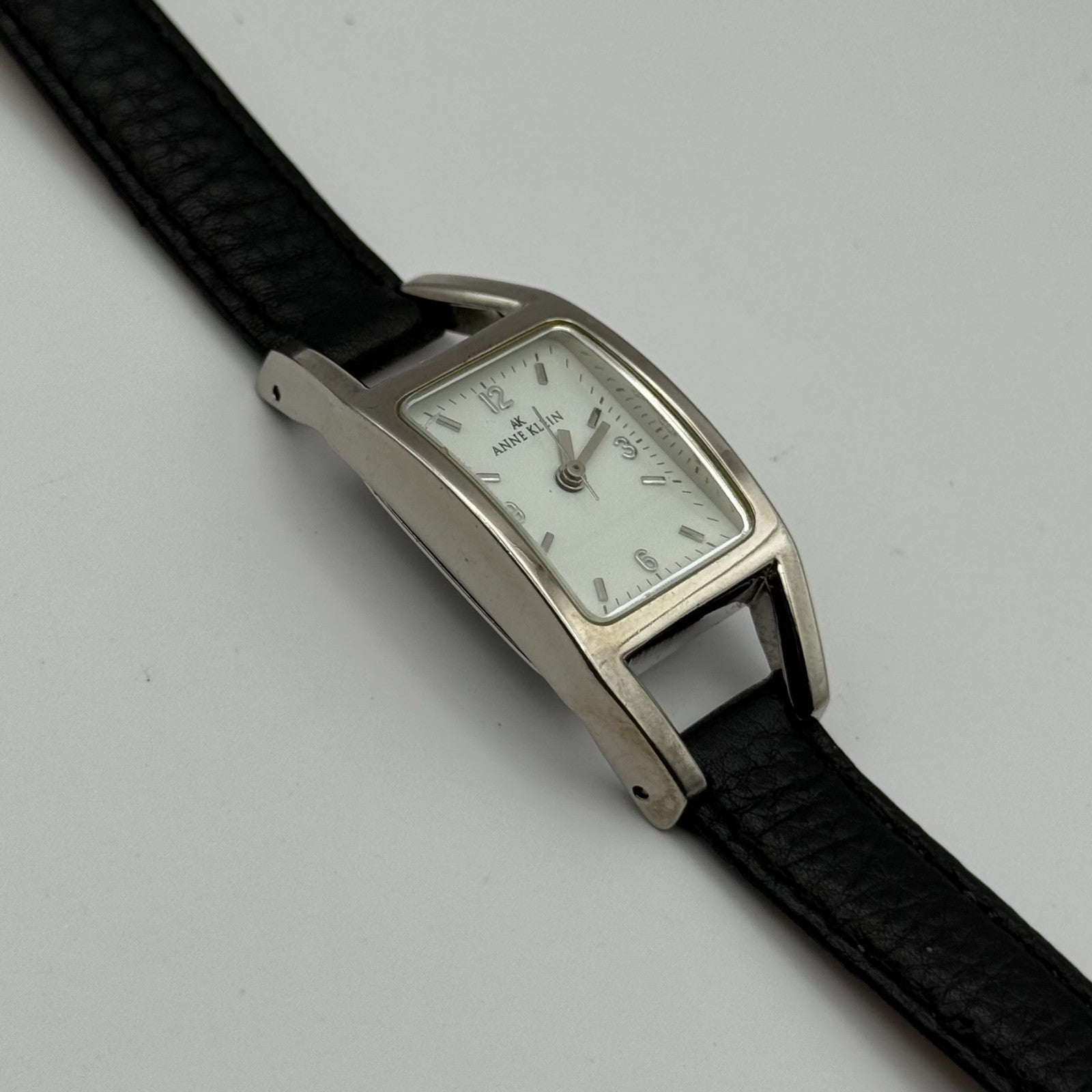 Anne Klein Ladies Quartz Watch White Dial Black Leather Strap Japan Working 18mm