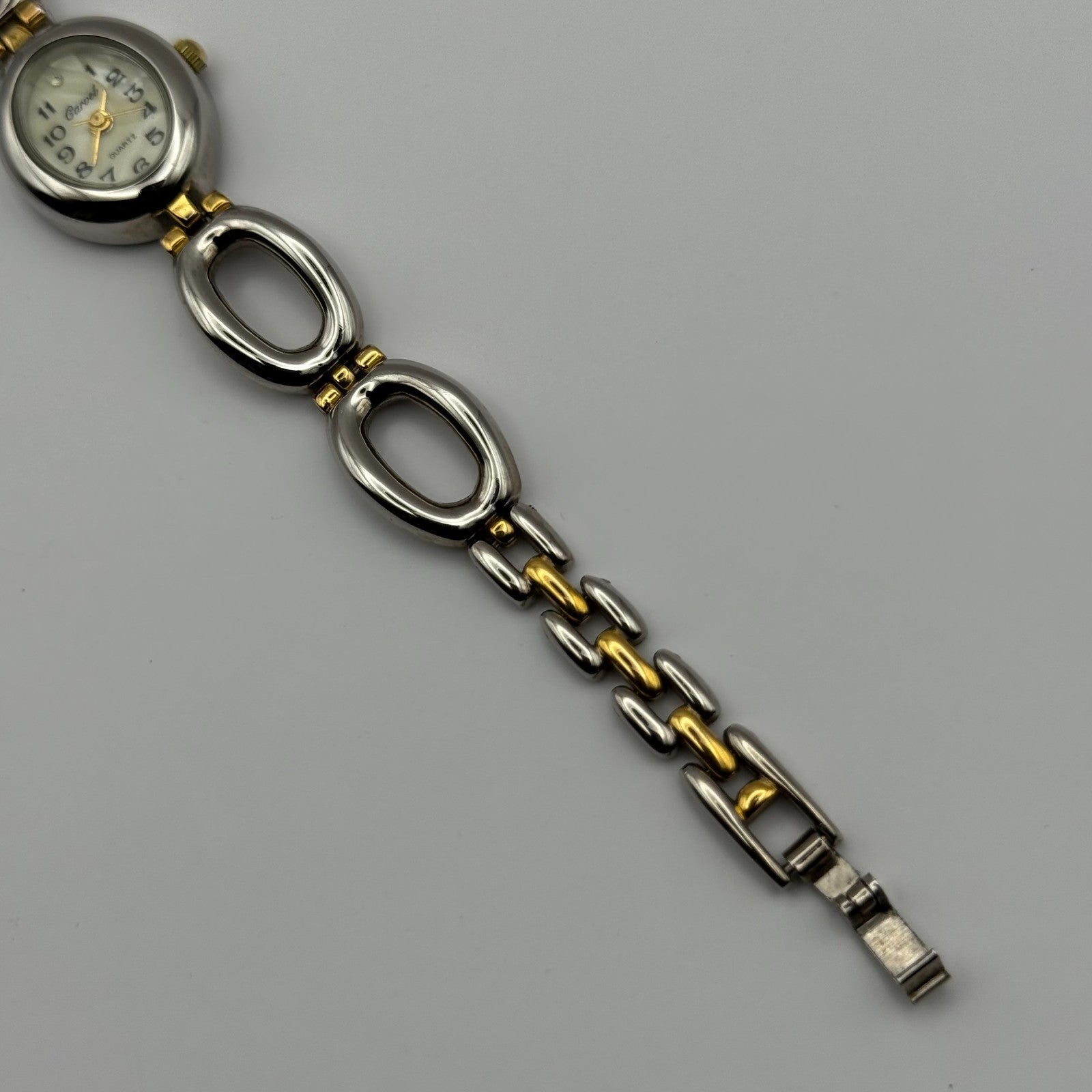 Carvel Ladies Quartz Watch MOP Oval Dial Silver Gold Tone Bracelet Working 19mm