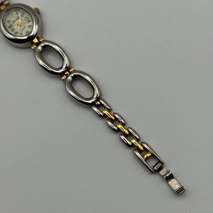 Carvel Ladies Quartz Watch MOP Oval Dial Silver Gold Tone Bracelet Working 19mm