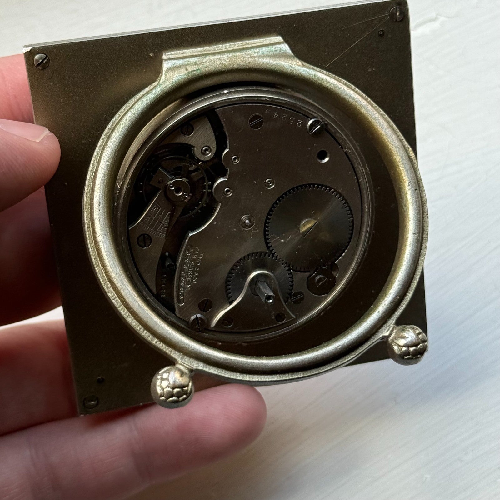 Vintage 8-Day Clock Square Unusual Metal Dore Fab Suisse 6 Jewels To Repair