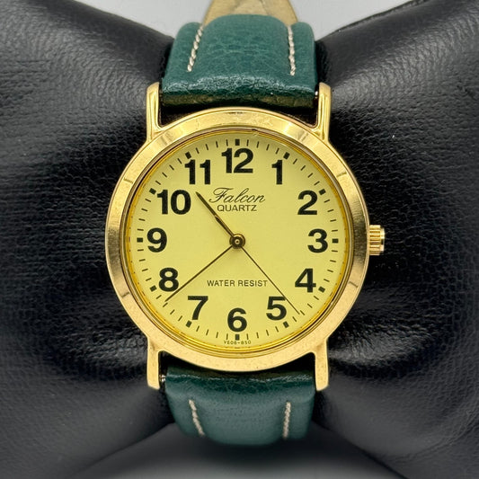 Falcon Ladies Quartz Watch Gold Tone Case Green Leather Strap Working 30mm
