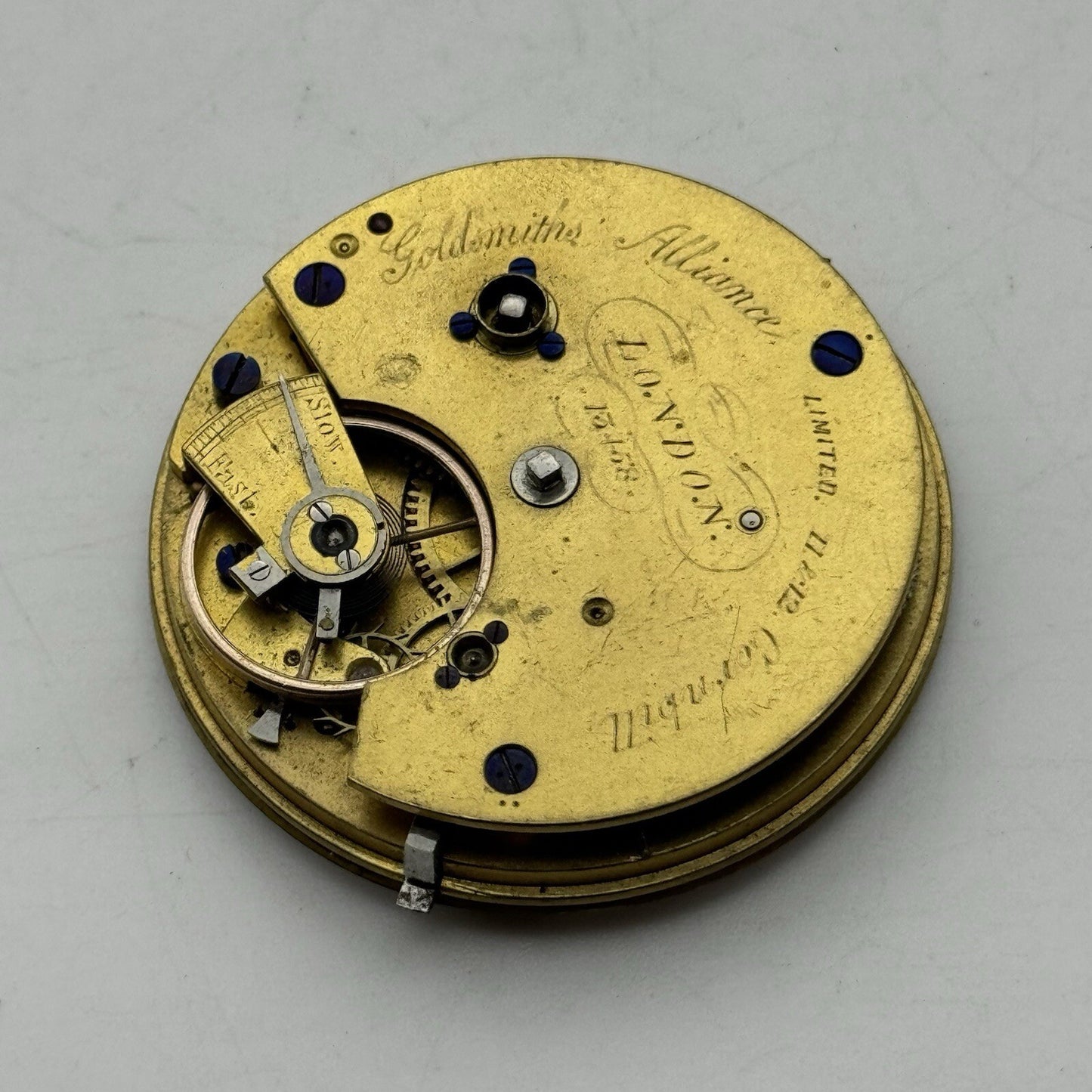 41.3mm Key Wound Goldsmiths Alliance London Pocket Watch Movement FOR PARTS