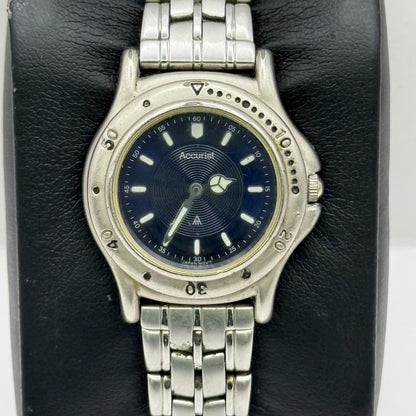 Accurist Ladies Quartz Watch Black Dial Silver Tone Bracelet Japan Working 27mm