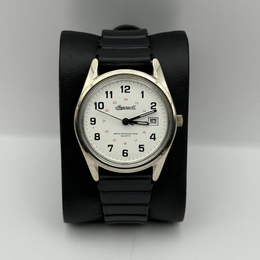 Vintage Ingersoll Men's Quartz Watch 24-Hour Date Dial Black Strap Working 34mm