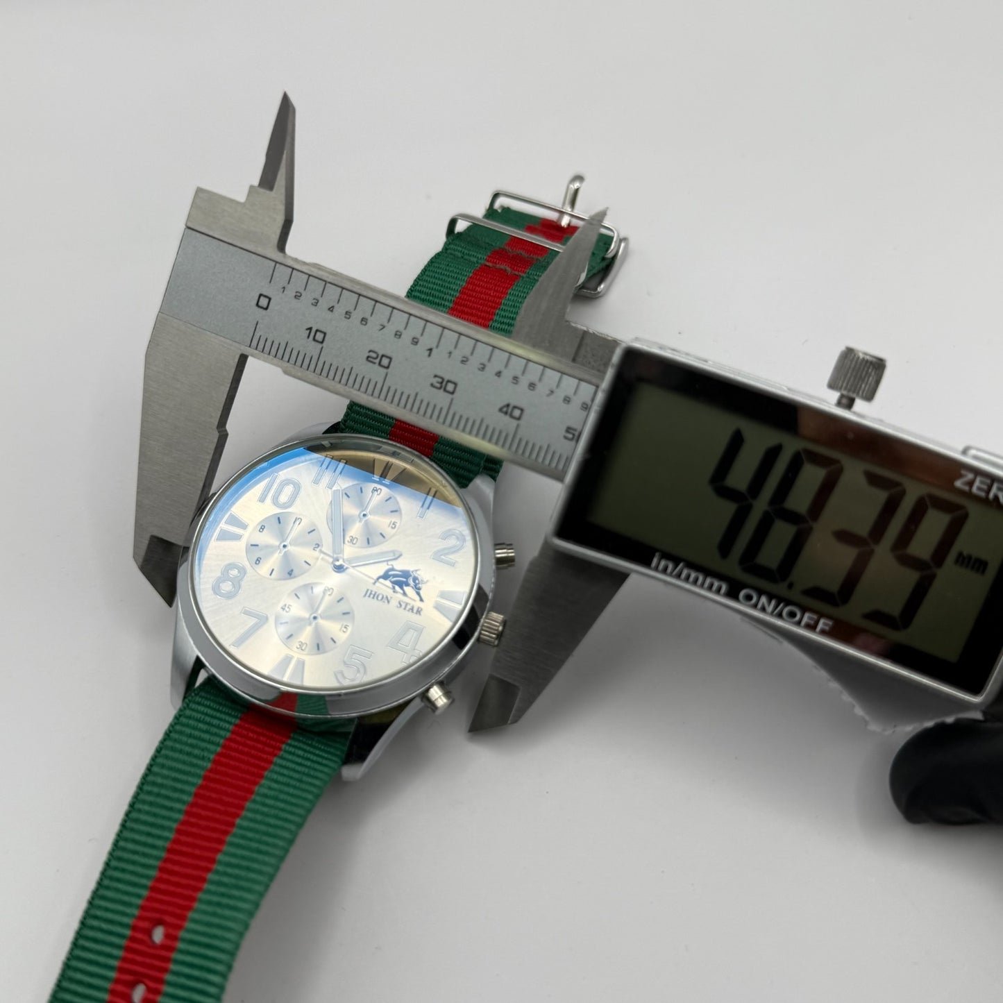 Jhon Star Men’s Quartz Watch Chronograph Gold Dial Green Red Strap Working 45mm