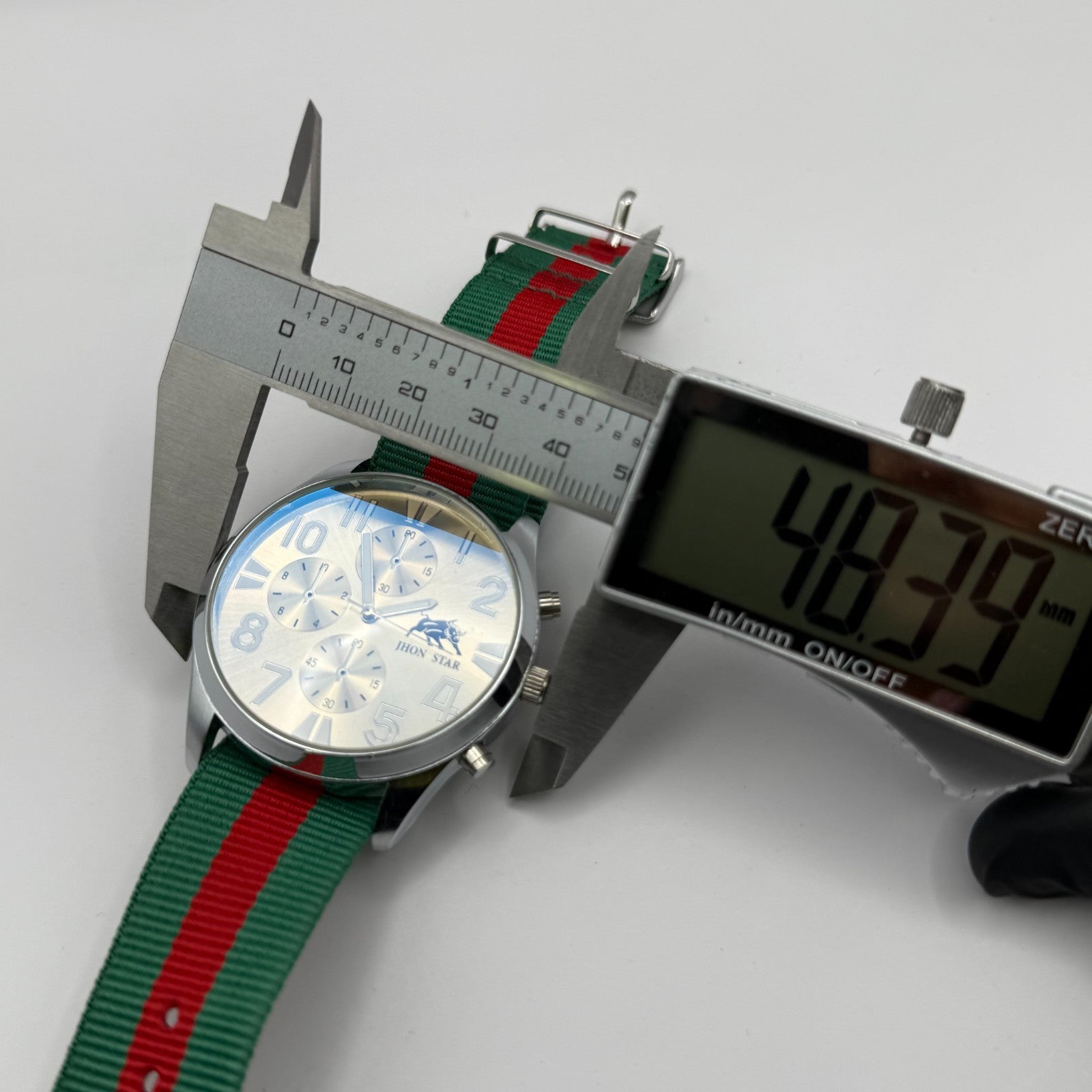 Jhon Star Men’s Quartz Watch Chronograph Gold Dial Green Red Strap Working 45mm