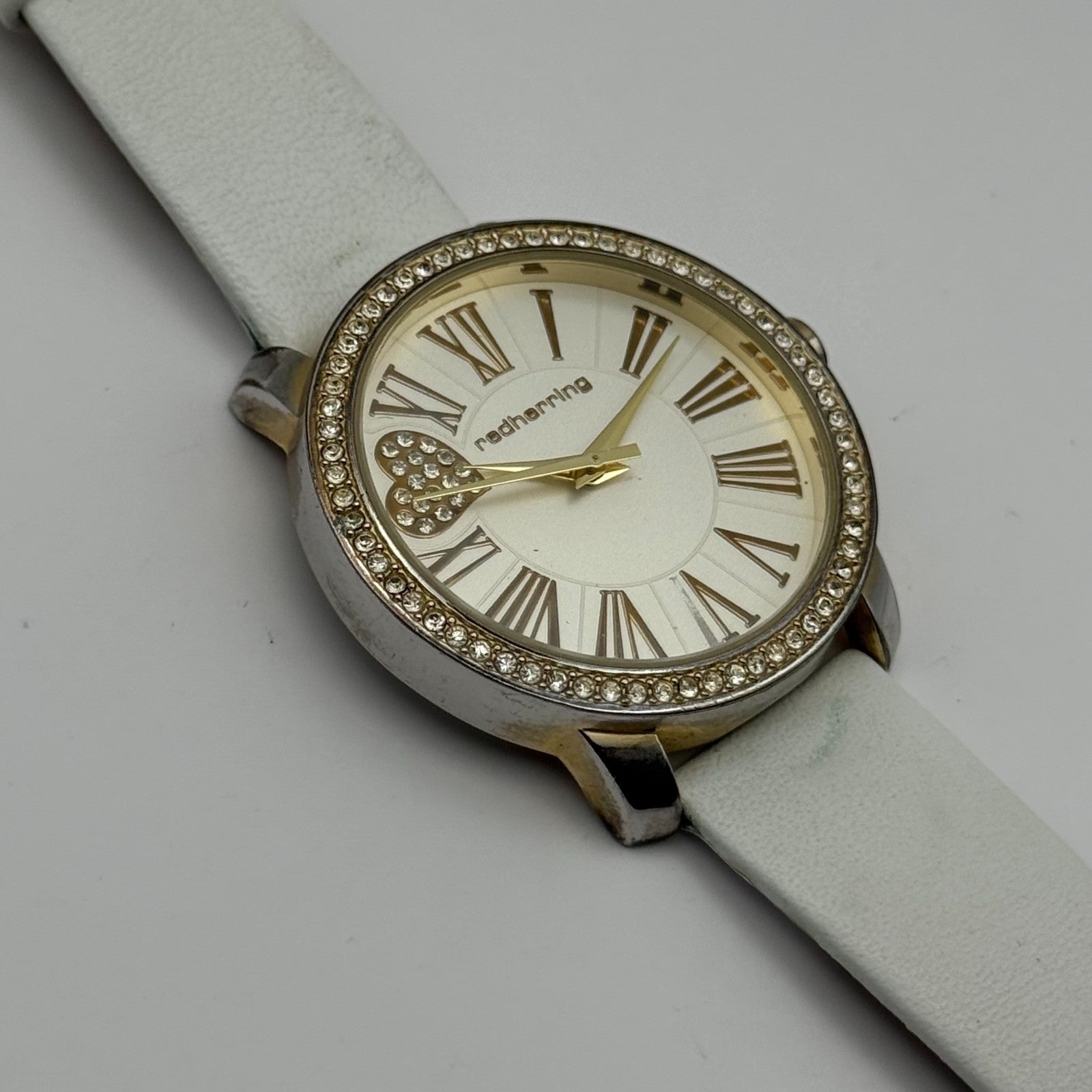 Redherring Ladies Quartz Watch Crystal Accents White Leather Strap Working 37mm
