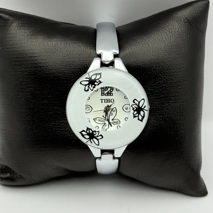 Tiho Ladies Quartz Watch Butterfly Design Dial Silver Tone Bracelet Working 30mm