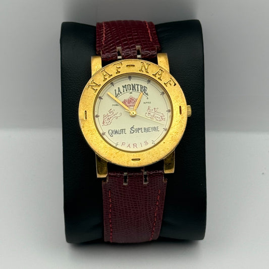NAF NAF La Montre Paris Mens Quartz Watch Maroon Leather Strap Working 33mm