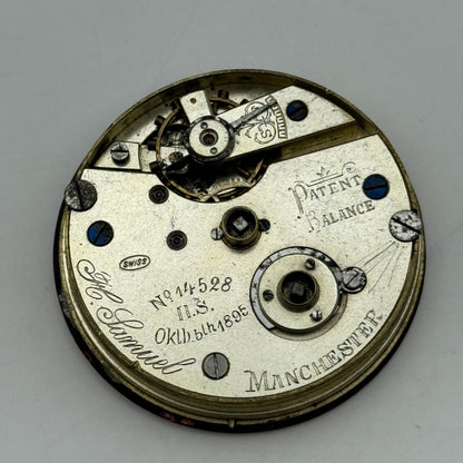 44.1mm Antique H Samuel Manchester Patent Balance Pocket Watch Movement PARTS