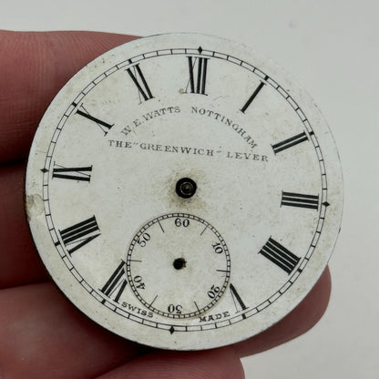 43mm Antique W E Watts The Greenwich Lever Key Wound Pocket Watch Movement PARTS