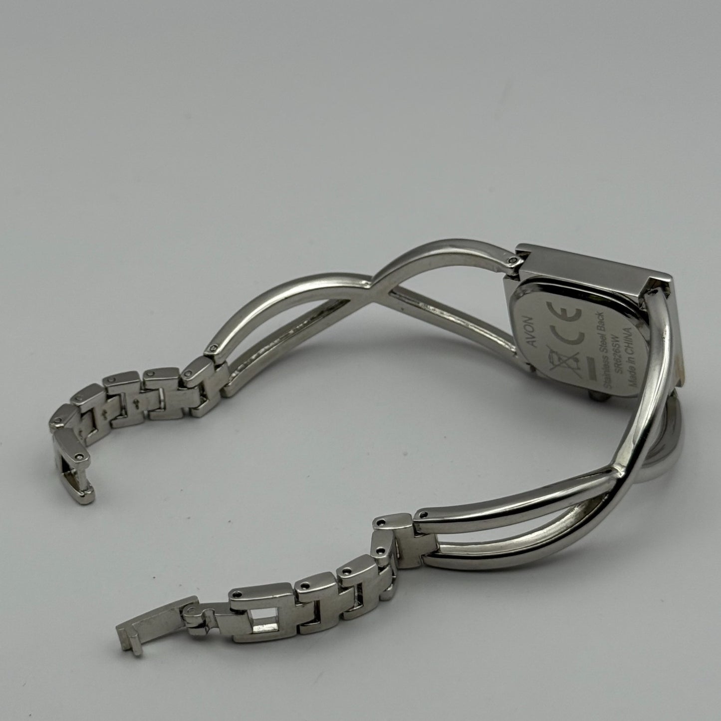 Avon Ladies Quartz Watch Black Square Dial Silver Tone Bracelet Working 19mm