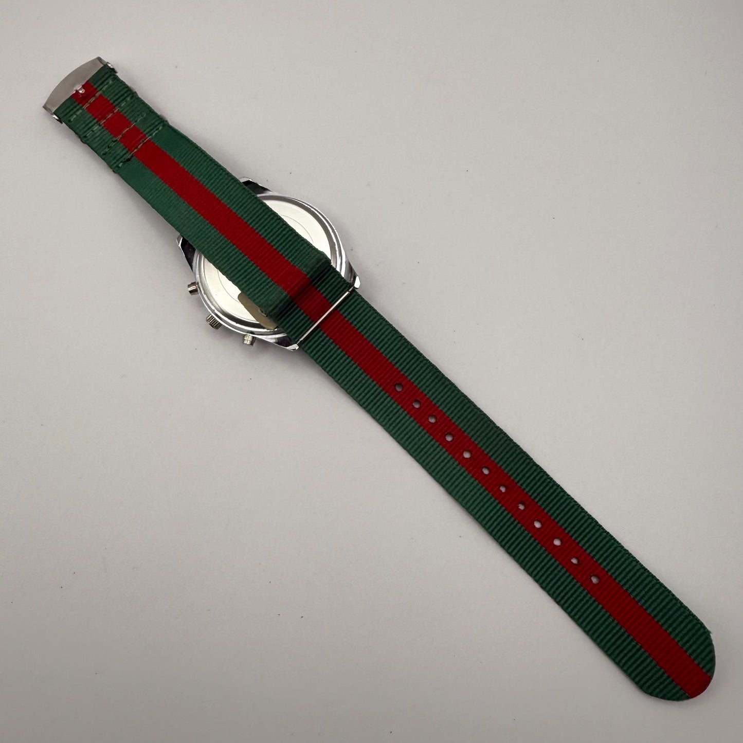 Jhon Star Men’s Quartz Watch Chronograph Gold Dial Green Red Strap Working 45mm