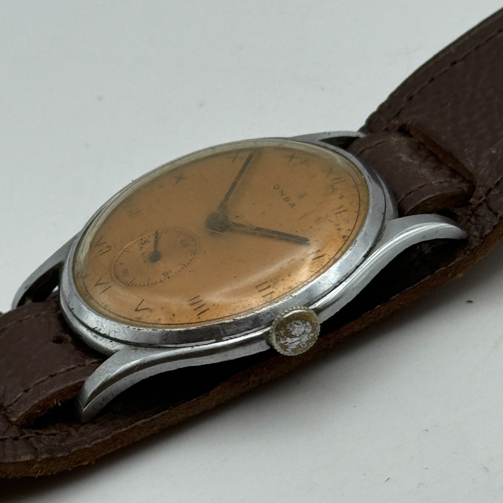 34mm Men’s Vintage Onsa Bund Strap Salmon Dial Manual Wind Watch TO RESTORE