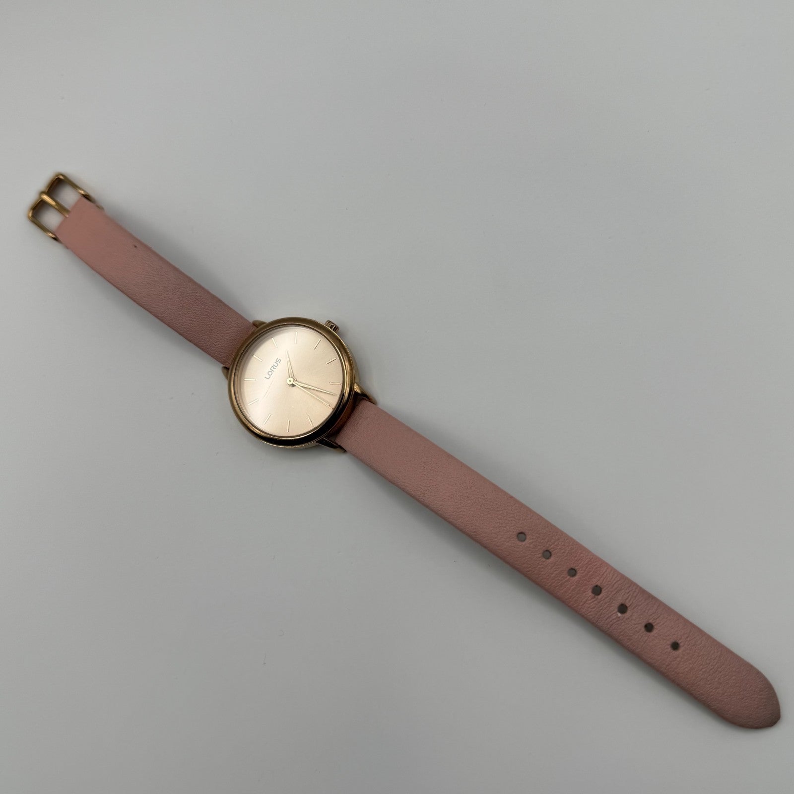 Lorus Ladies Quartz Watch Gold Tone Case Pink Leather Strap Japan Working 30mm