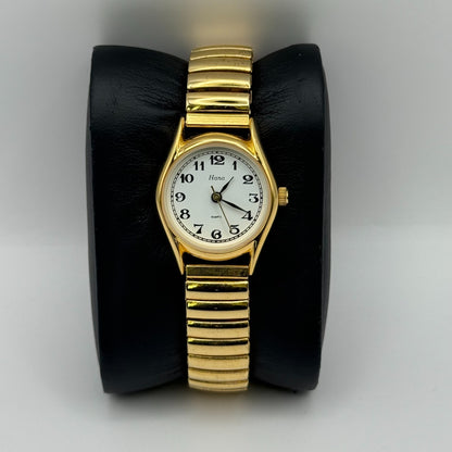 Hana Ladies Quartz Watch White Dial Gold Tone Expandable Band Steel Working 23mm