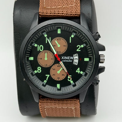 Xinew Men’s Quartz Chronograph Watch Calendar Dial Brown Strap Working 43mm
