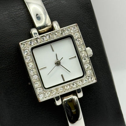 Avon Ladies Quartz Watch Square White Dial Silver Tone Bracelet Working 21mm