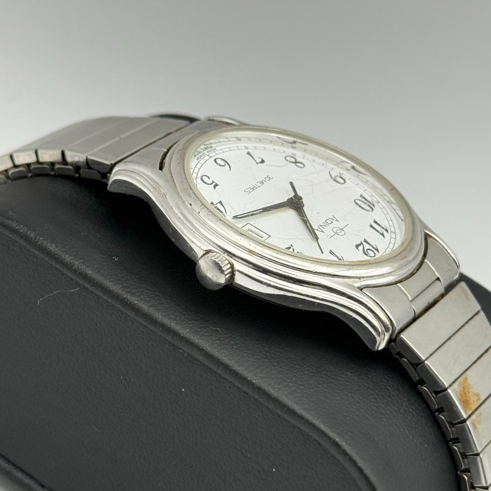 Adina Design Ladies Quartz Watch Date Dial Silver Tone Stretch Band Working 33mm