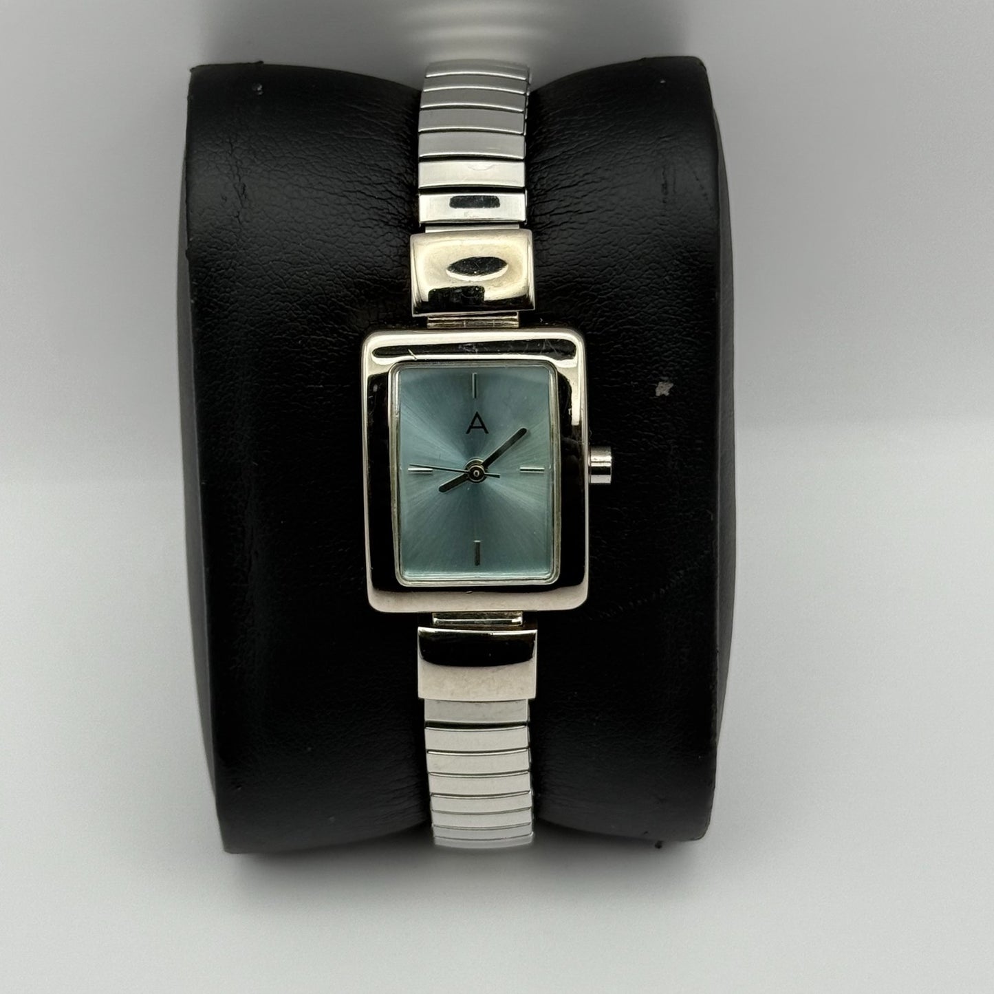 A Ladies Quartz Watch Rectangular Dial Silver Tone Stretch Band Working 19mm