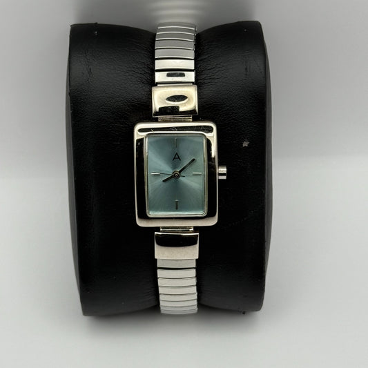 A Ladies Quartz Watch Rectangular Dial Silver Tone Stretch Band Working 19mm
