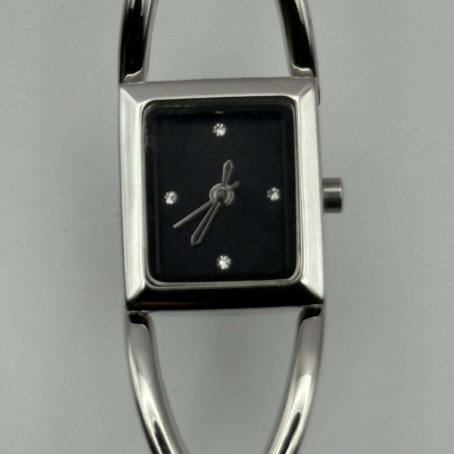 Avon Ladies Quartz Watch Black Square Dial Silver Tone Bracelet Working 19mm