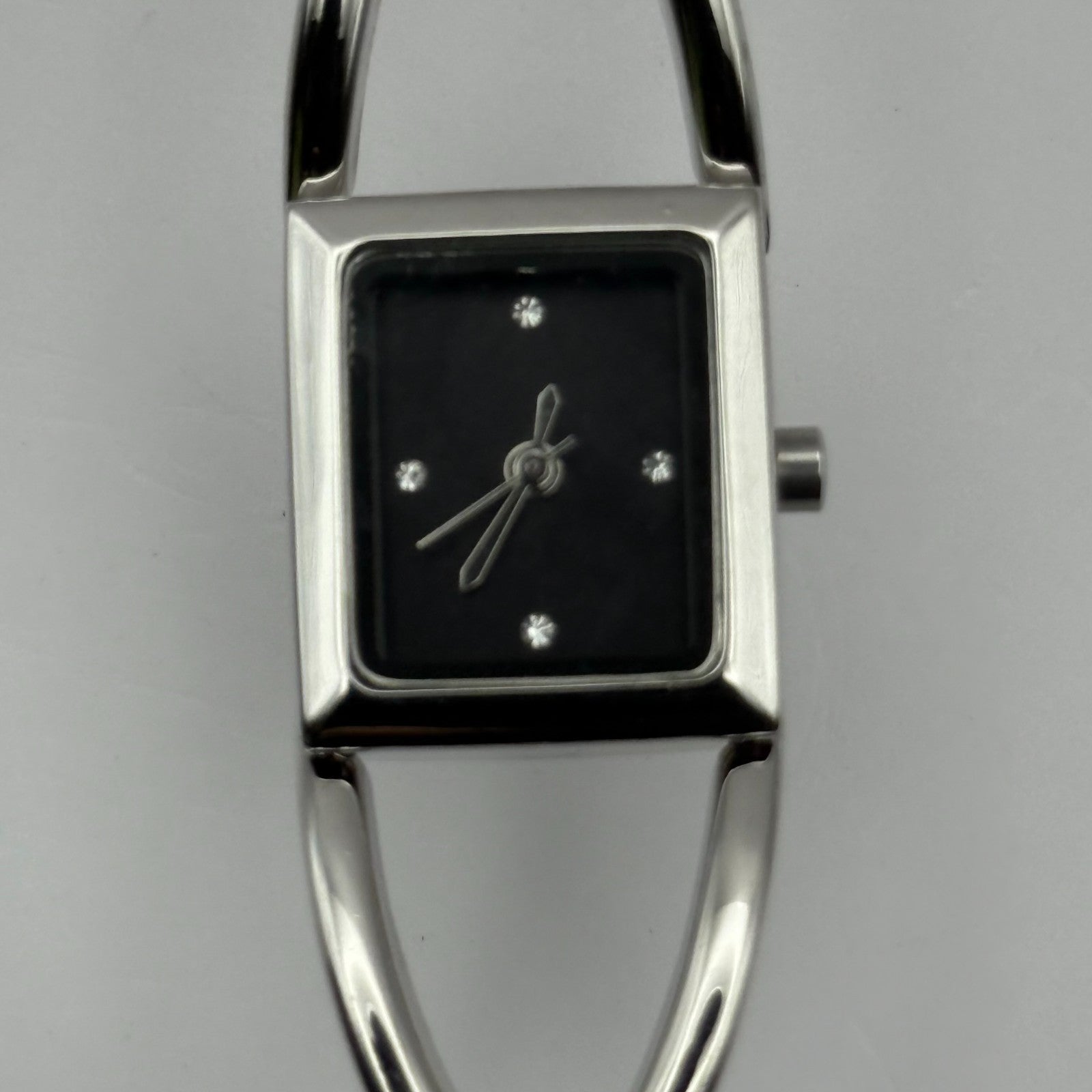 Avon Ladies Quartz Watch Black Square Dial Silver Tone Bracelet Working 19mm