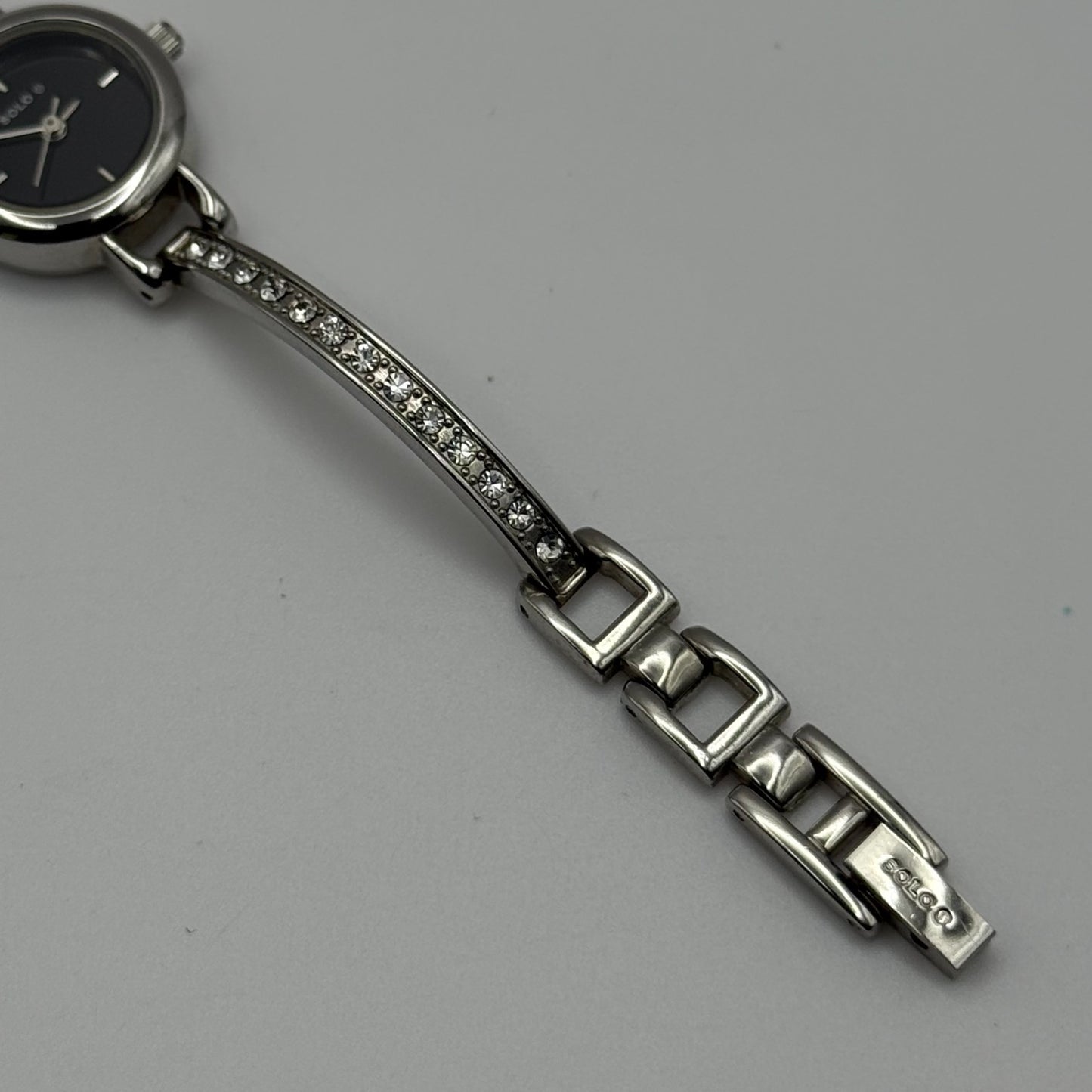 Solo Ladies Quartz Watch Black Dial Rhinestone Accents Bracelet Working 19mm