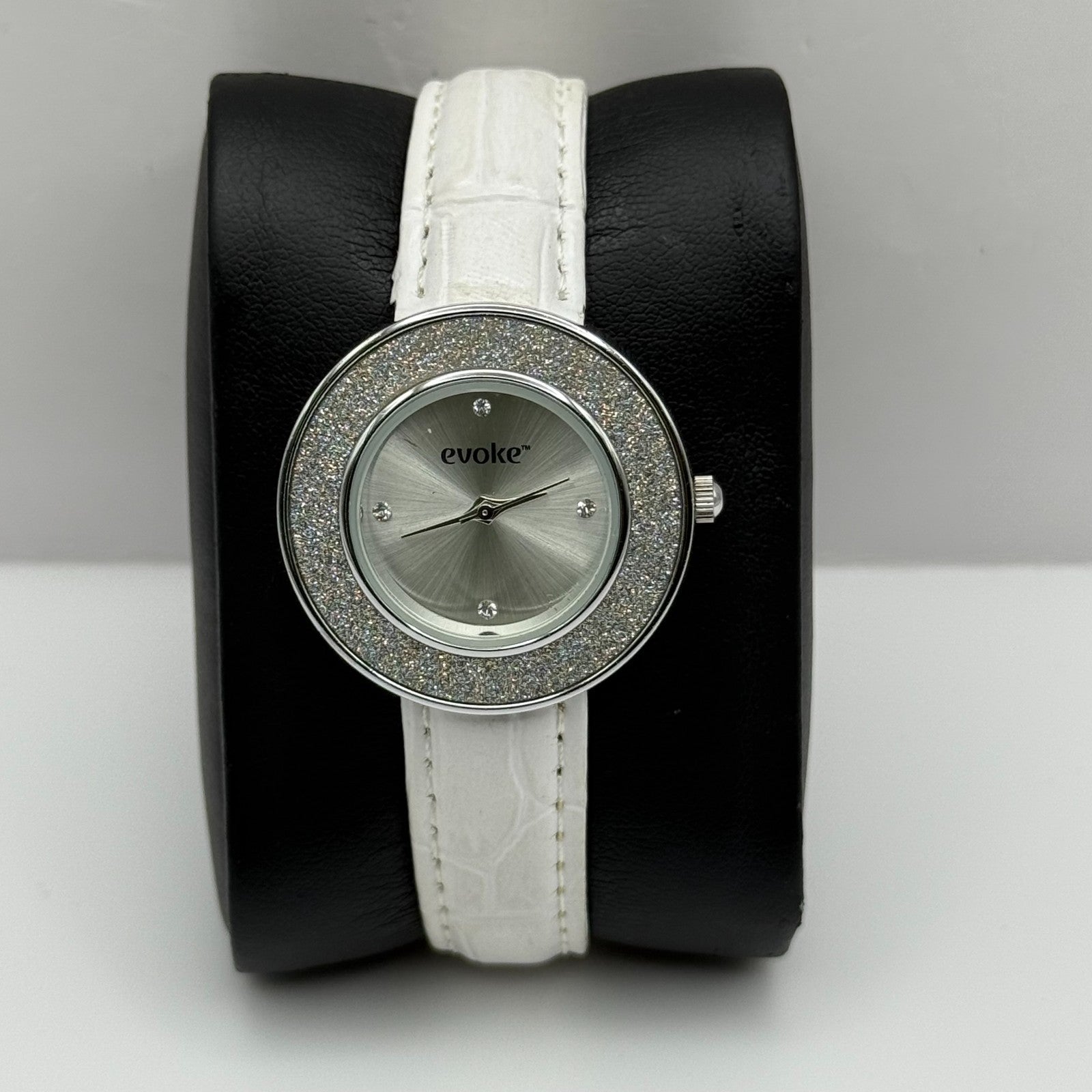 Evoke Ladies Quartz Watch Silver Dial Glitter Bezel White Strap Working 30mm