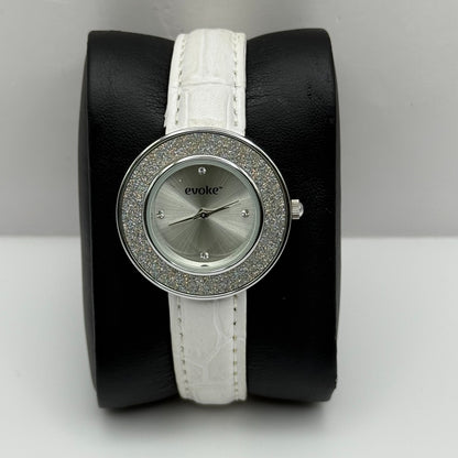 Evoke Ladies Quartz Watch Silver Dial Glitter Bezel White Strap Working 30mm