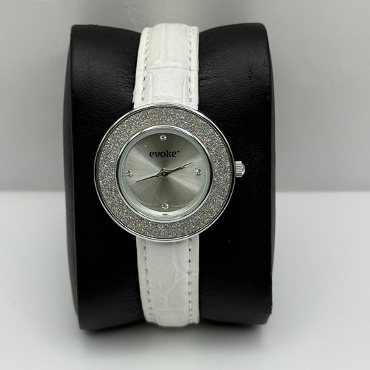 Evoke Ladies Quartz Watch Silver Dial Glitter Bezel White Strap Working 30mm
