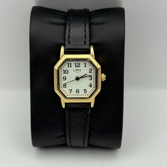 Limit 1912 Ladies Quartz Watch White Dial Black Leather Strap Working 22mm