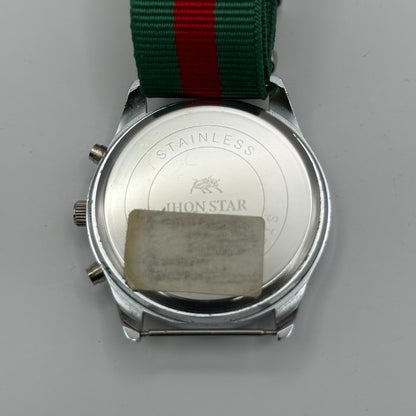 Jhon Star Men’s Quartz Watch Chronograph Gold Dial Green Red Strap Working 45mm