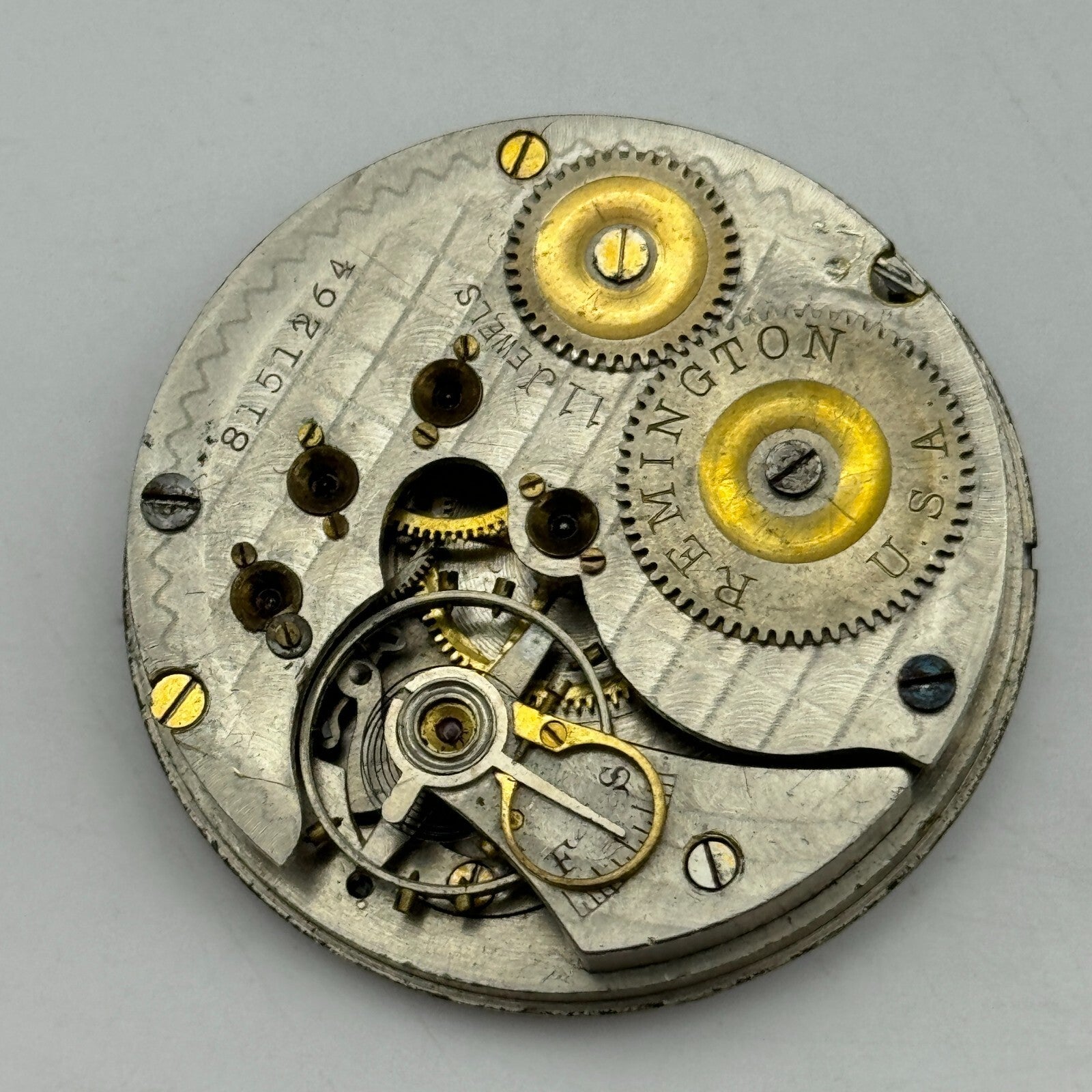 43.1mm Antique Remington USA 11 Jewels Hunter Pocket Watch Movement PARTS SPARES