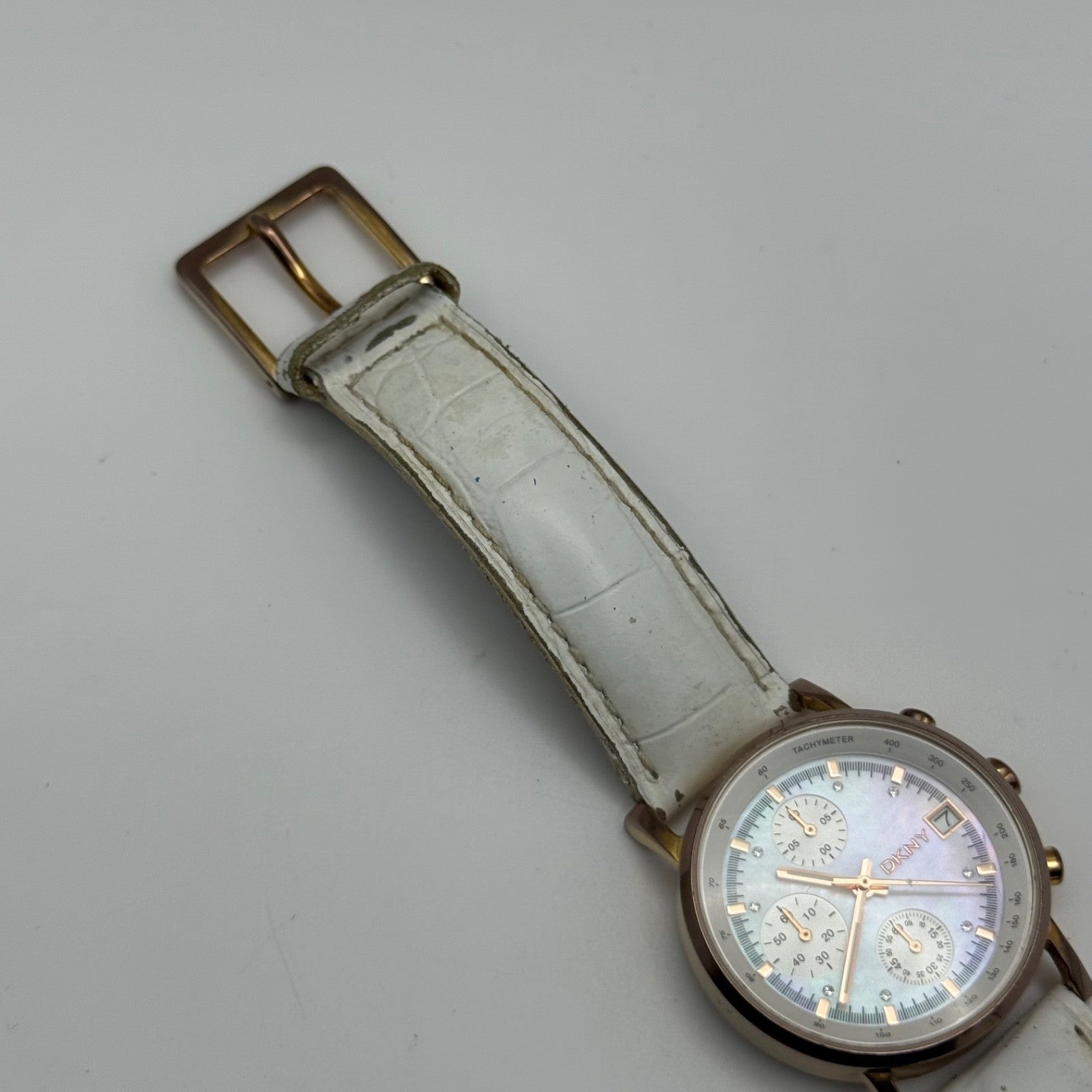 DKNY Chronograph Watch Mother Of Pearl Quartz Leather NY-4578 Date Dial 36mm