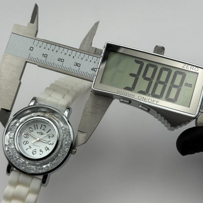 Ladies Fashion Quartz Watch Rhinestone Silver Tone White Strap Working 39mm