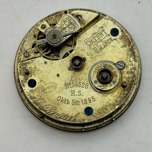 43.4mm H Samuel Patent Balance Pocket Watch Movement Parts Repair Restoration