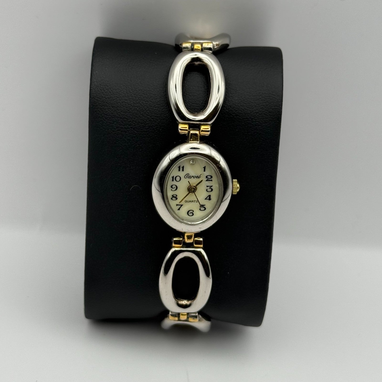 Carvel Ladies Quartz Watch MOP Oval Dial Silver Gold Tone Bracelet Working 19mm