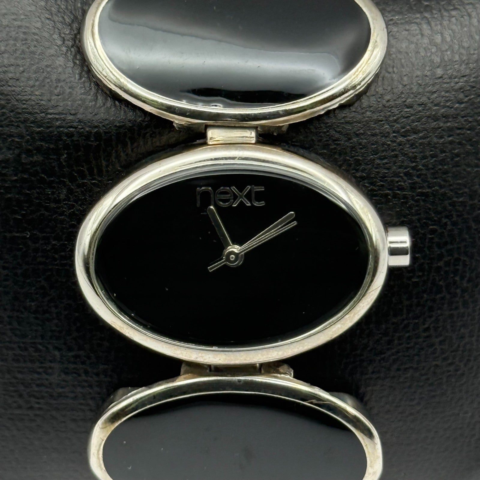 Next Ladies Quartz Watch Black Silver Tone Oval Bracelet Working 30mm 6 Inches
