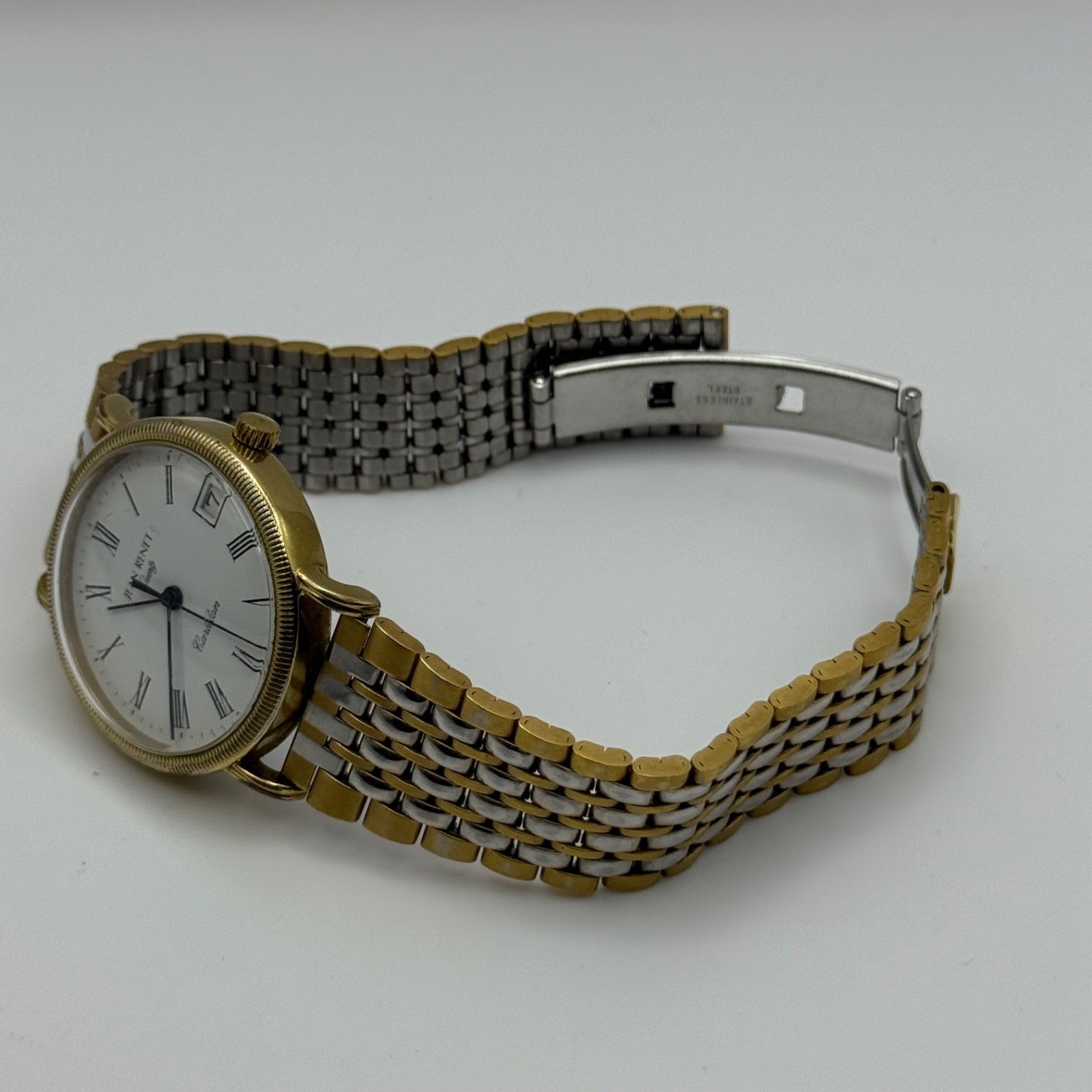 Jean Renet Carleton Watch Vintage Two Tone Bracelet Quartz Date Dial Swiss 33mm