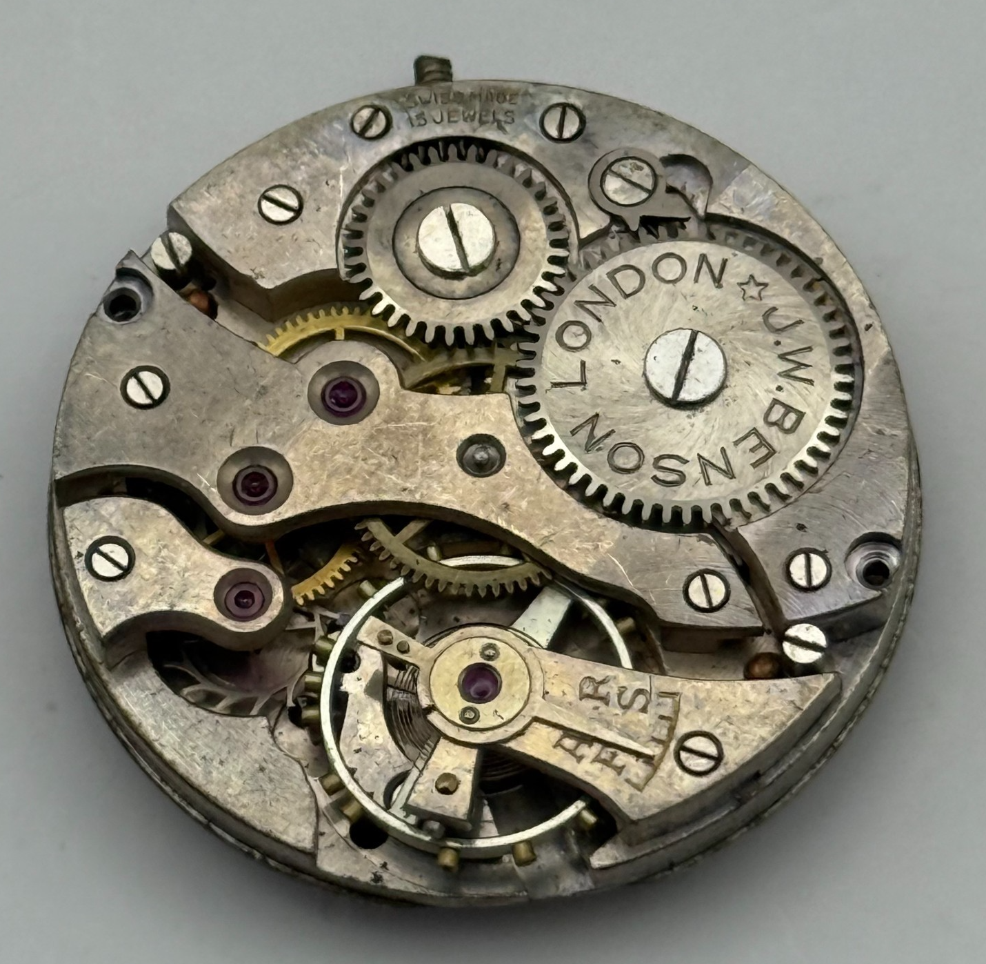 J W Benson Trench 15 Jewels Watch Movement Manual Wind Vintage Parts 27.1mm