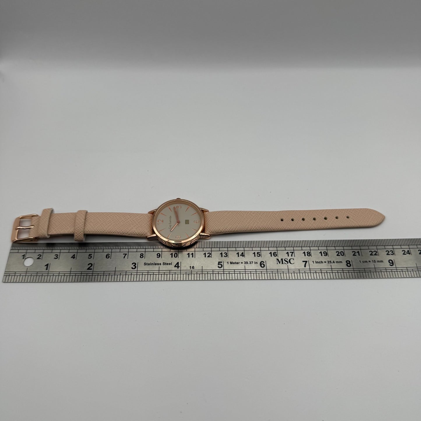 Guy Laroche Ladies Quartz Watch Rose Gold Tone Beige Strap Working 31mm