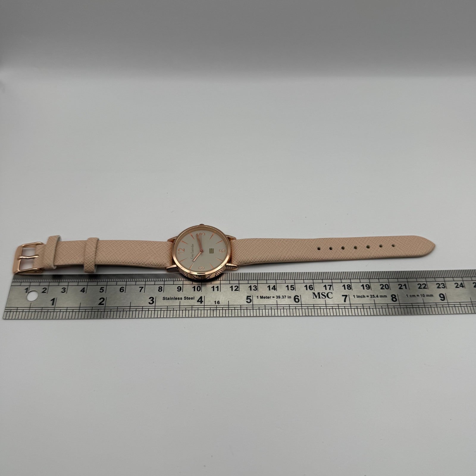 Guy Laroche Ladies Quartz Watch Rose Gold Tone Beige Strap Working 31mm
