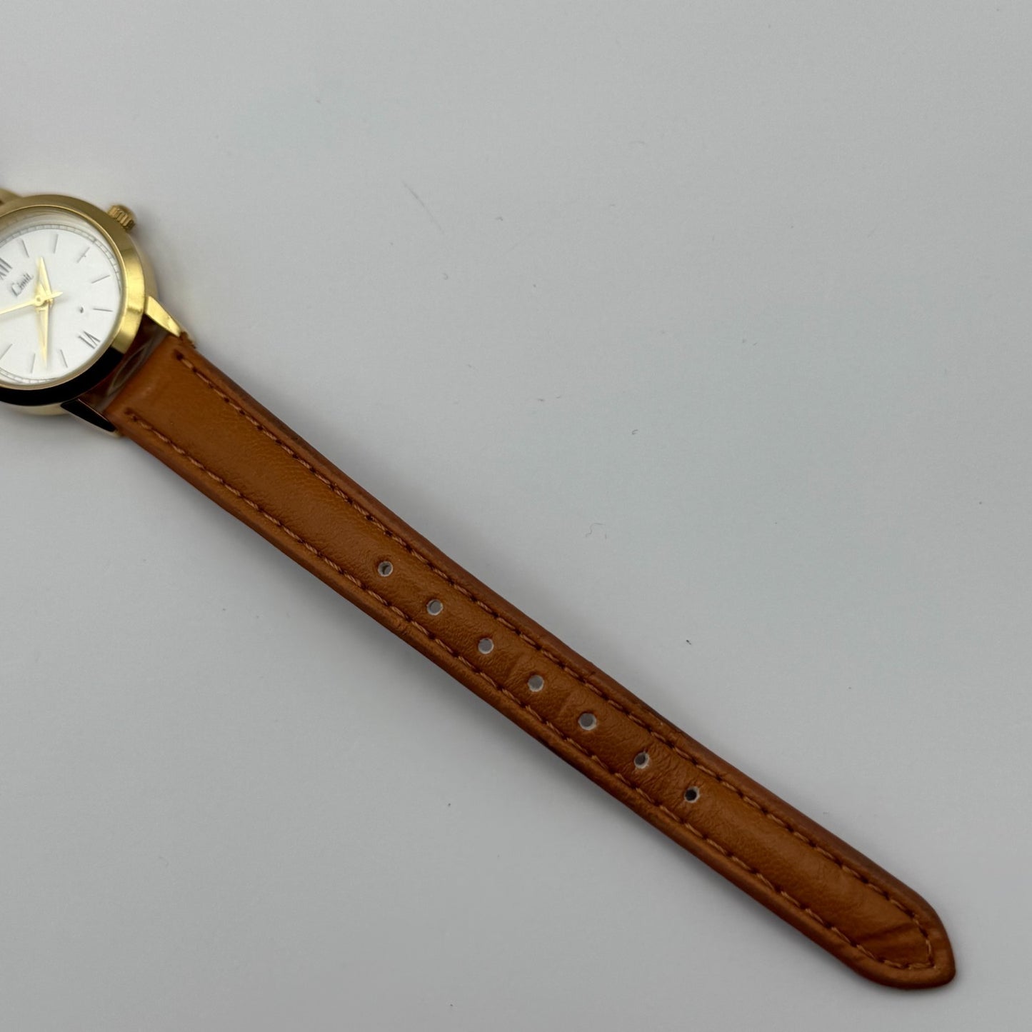 Limit Ladies Quartz Watch White Dial Gold Tone Case Brown Strap Working 25mm