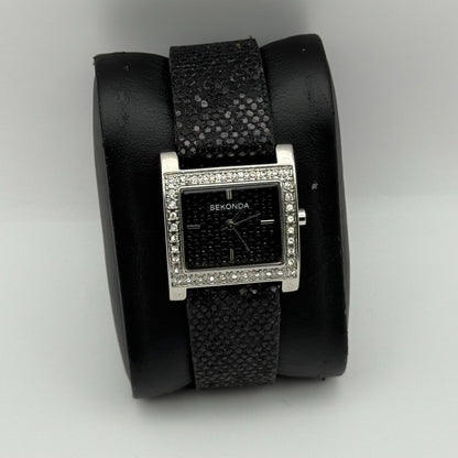 Sekonda Ladies Quartz Watch Black Dial Crystal Accents Bezel Japan Working 25mm