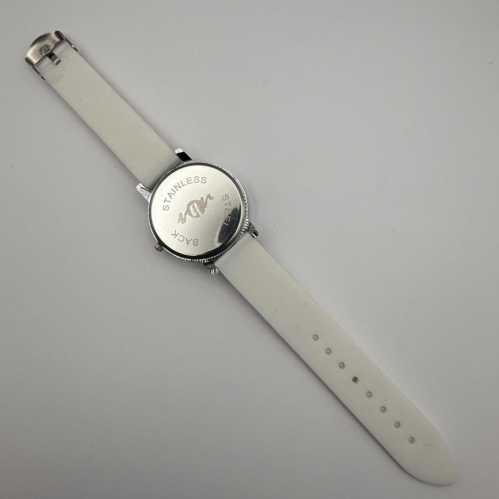 Ladies Fashion Quartz Watch Rhinestone Silver Tone White Strap Working 39mm