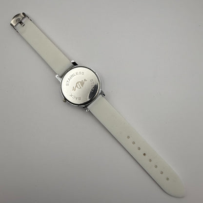 Ladies Fashion Quartz Watch Rhinestone Silver Tone White Strap Working 39mm