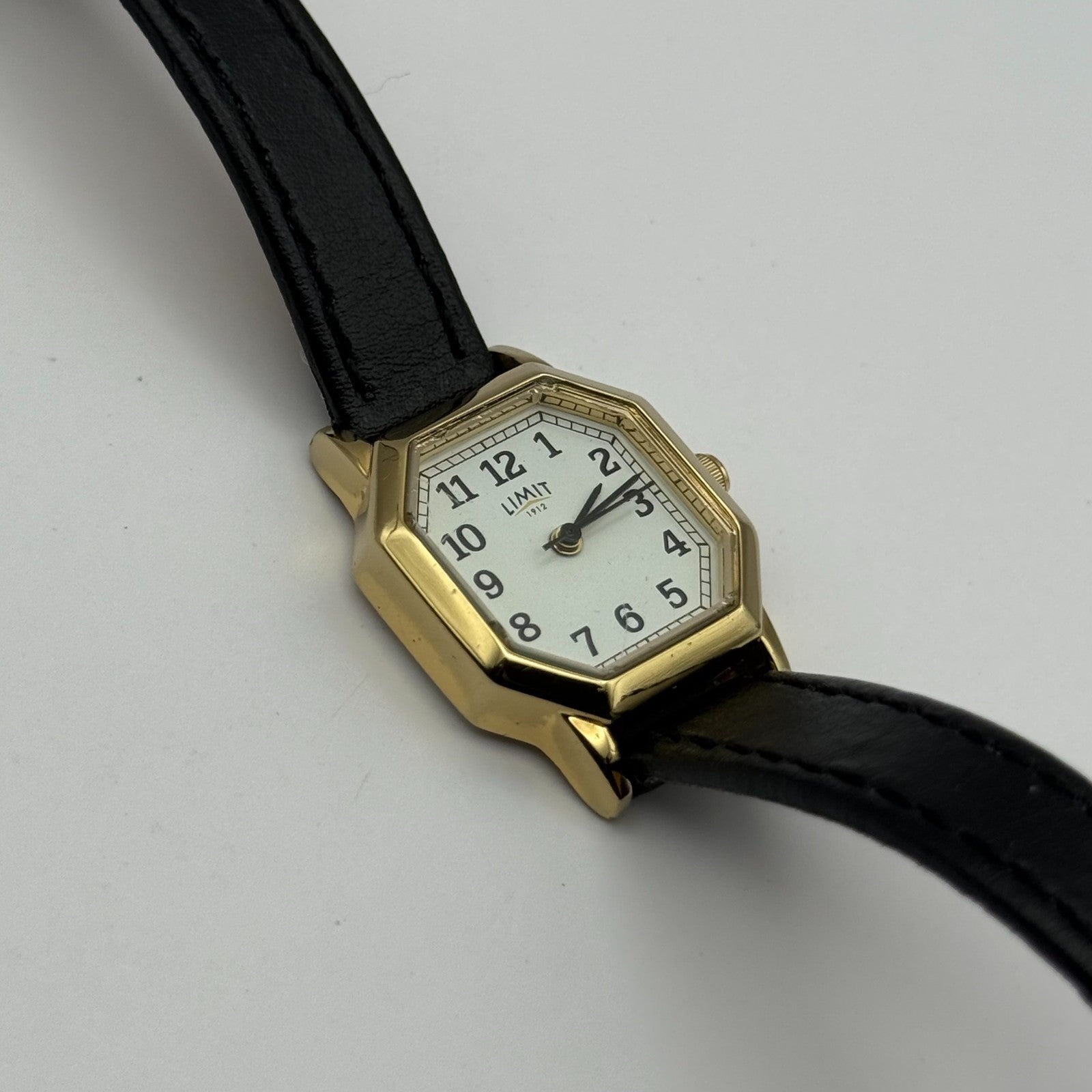 Limit 1912 Ladies Quartz Watch White Dial Black Leather Strap Working 22mm