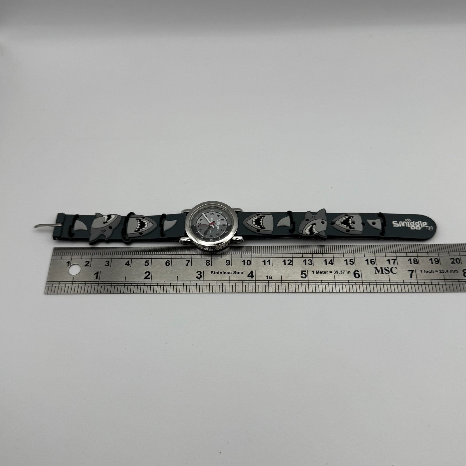 Smiggle Kids Quartz Watch Grey Dial Shark Print Strap Working 27mm NO CLASP